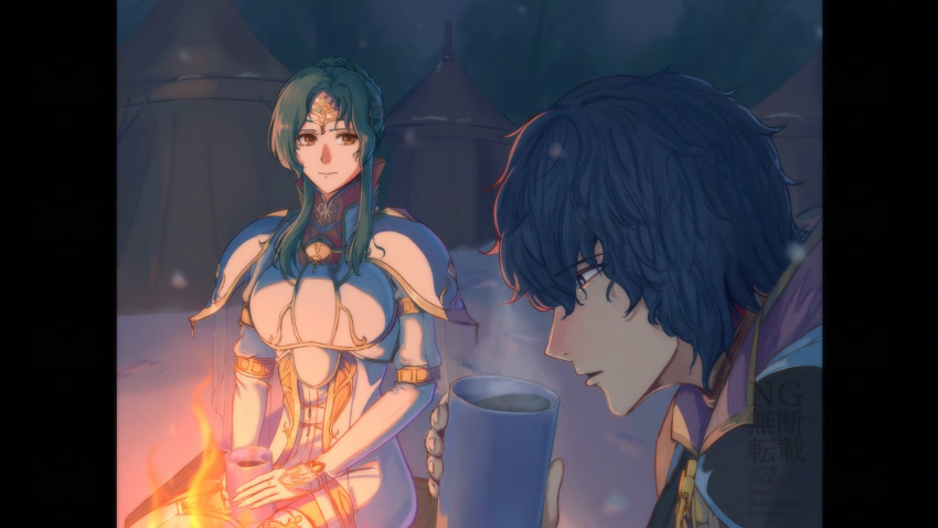 1boy, 1girl, armor, blue_hair, closed_mouth, commentary_request, cup, elincia_ridell_crimea