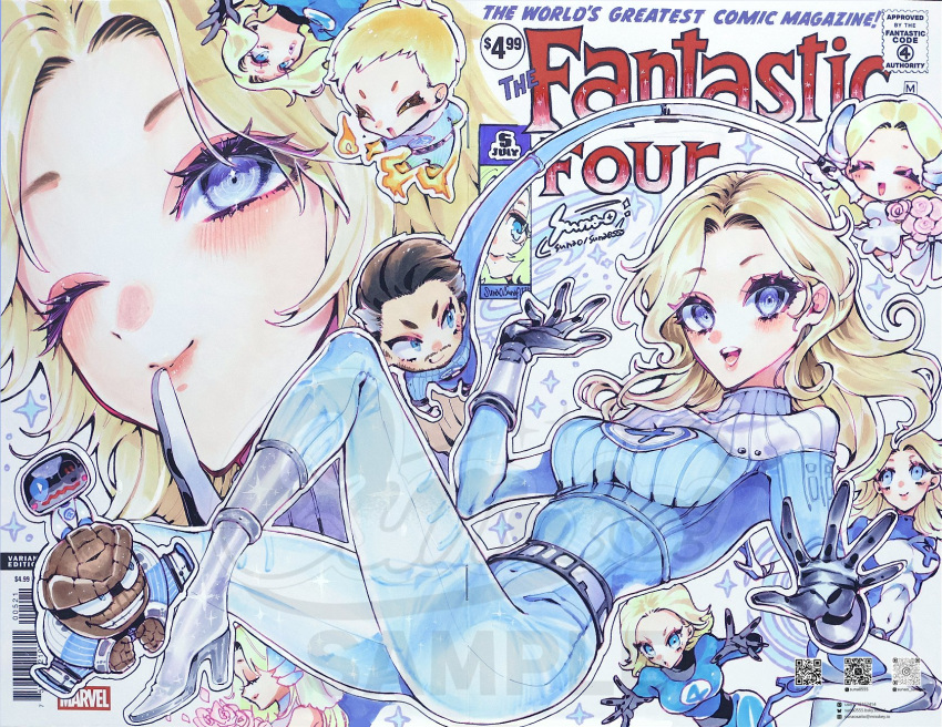 1girl, 3boys, :d, barcode, belt, ben_grimm, blonde_hair, blue_bodysuit