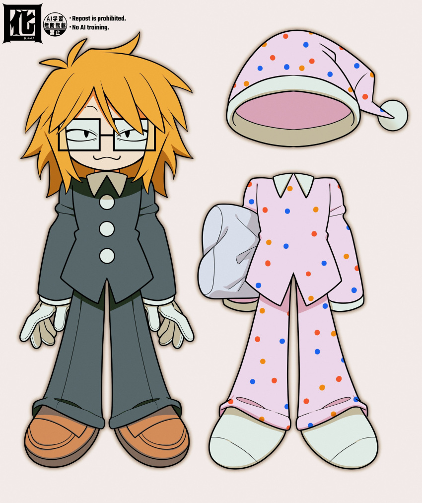 1boy, :3, absurdres, black_eyes, black_jacket, commentary_request, deformed, glasses, gloves, highres, jacket, looking_at_viewer, male_focus, medium_hair, multiple_views, orange_hair, otori_0, pajamas, randal's_friends, randal_ivory, simple_background, white_gloves
