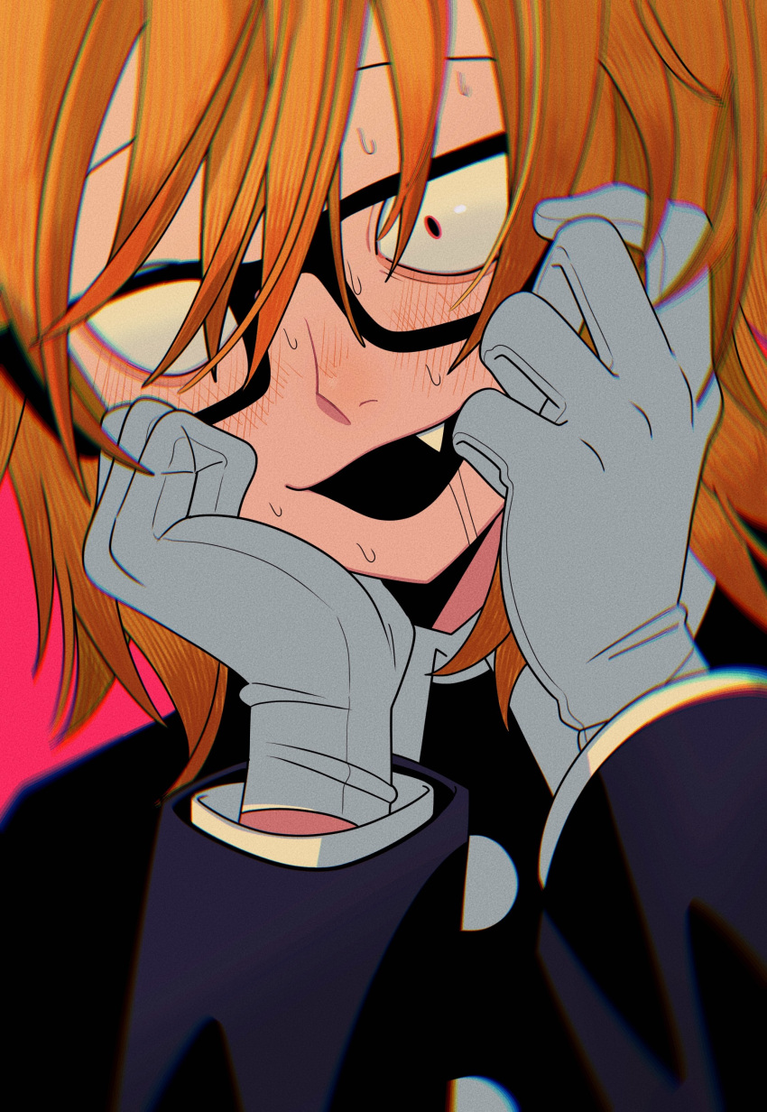 1boy, absurdres, constricted_pupils, fang, glasses, gloves, grey_gloves, hands_up