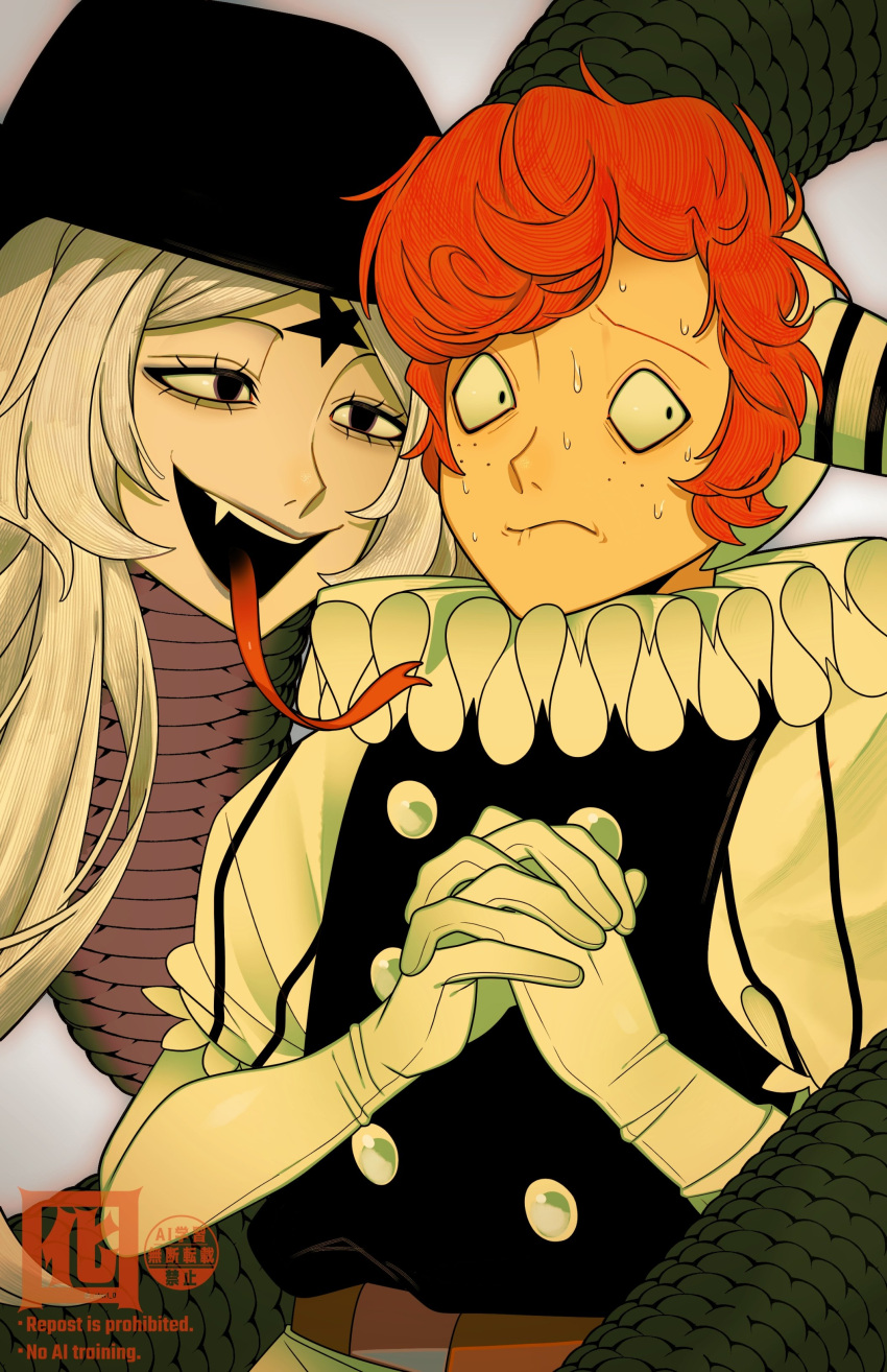 1boy, 1girl, absurdres, averting_eyes, biting_own_lip, black_eyes, blonde_hair, clown