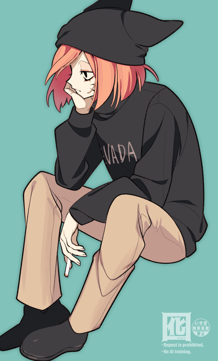 1boy, absurdres, animal_hat, black_eyes, black_sweater, blue_background, cat_hat, facial_mark