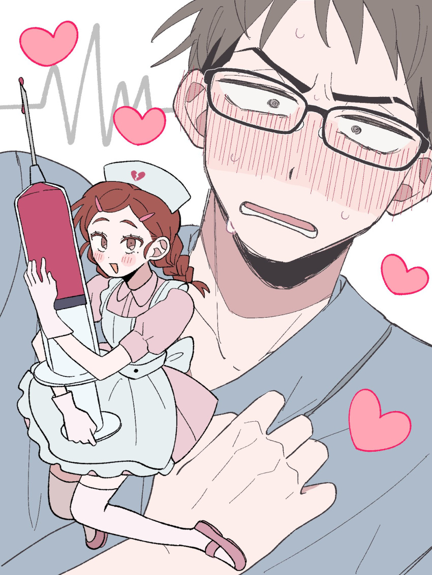1boy, 1girl, :d, @_@, apron, black-framed_eyewear, blush, braid