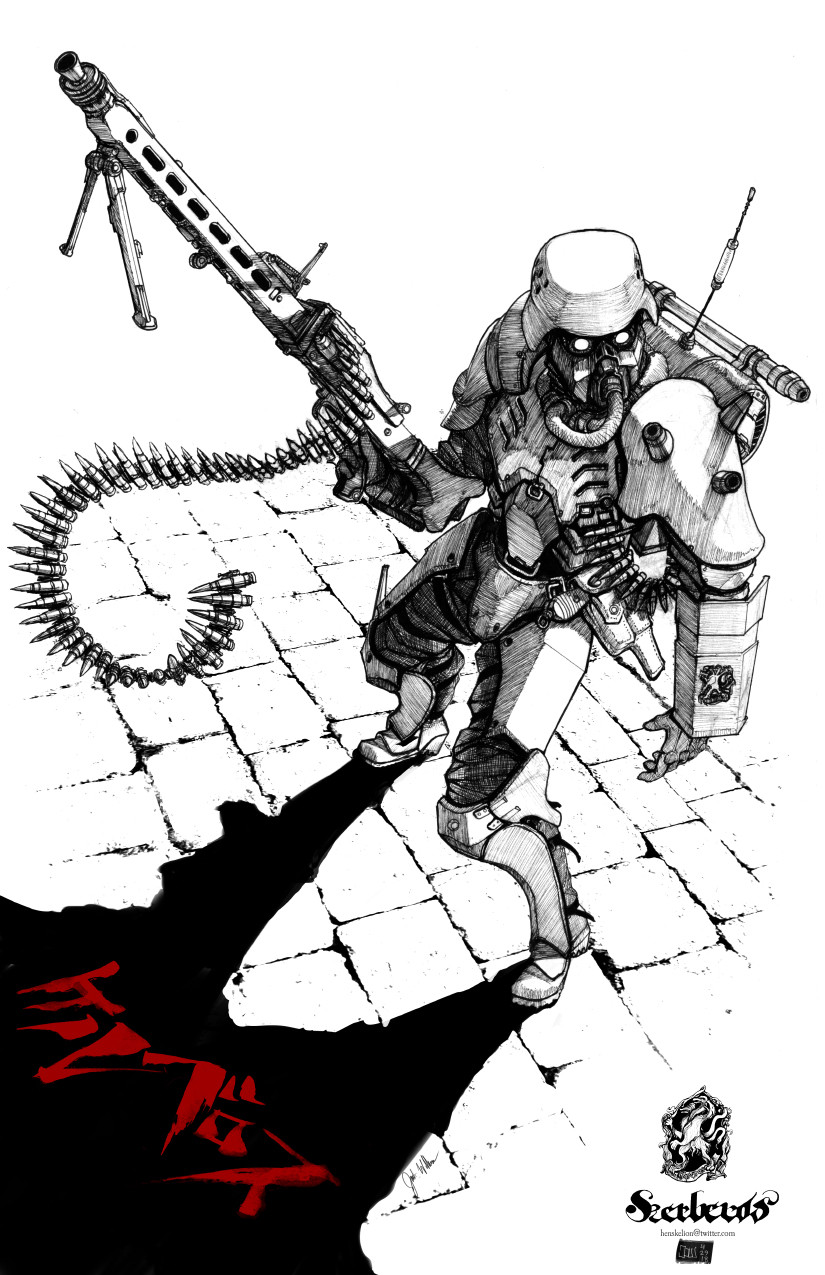 1boy, ammunition_belt, armor, backpack, bag, body_armor, boots, breathing_tube, buchi_holes, combat_helmet, commentary, dated, dieselpunk, english_commentary, from_above, gas_mask, gun, hatching_(texture), helmet, henskelion, high_contrast, highres, holding, holding_gun, holding_weapon, kerberos_saga, linear_hatching, lineart, looking_to_the_side, machine_gun, mask, mg42, monochrome, pavement, power_armor, protect_gear, radio_antenna, shadow, soldier, solo, spot_color, stahlhelm, traditional_media, translation_request, turning_head, twitter_username, weapon, white_background
