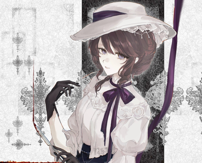 1girl, black_gloves, blood, blood_on_knife, bow, bowtie, brown_hair, felicienne_(reverse:1999), fork, gloves, grey_background, grin, hand_up, hat, highres, holding, holding_fork, holding_knife, juliet_sleeves, knife, long_sleeves, looking_at_viewer, lv11, puffy_sleeves, purple_bow, purple_bowtie, reverse:1999, shirt, short_hair, smile, solo, upper_body, violet_eyes, white_hat, white_shirt