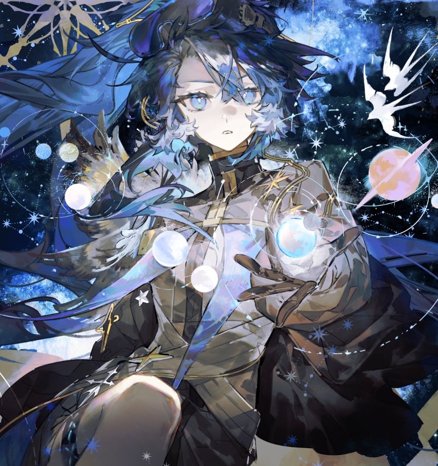 1girl, arknights, astgenne_the_lightchaser_(arknights), black_gloves, blue_eyes, blue_hair, bright_pupils, brown_shirt