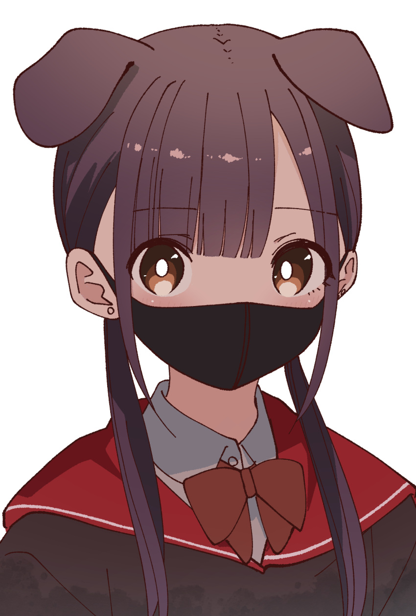 1girl, animal_ears, black_mask, bow, bowtie, bright_pupils, brown_bow, brown_bowtie, brown_eyes, brown_hair, chamcham_(sutochiru), commentary, dog_ears, dog_girl, earrings, highres, jewelry, katsuwo_(cr66g), kemonomimi_mode, looking_at_viewer, mask, mouth_mask, simple_background, solo, sutochiru, upper_body, white_background, white_pupils
