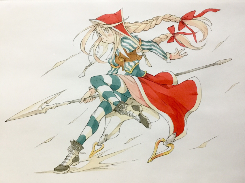 1girl, black_boots, blonde_hair, boots, bow, braid, brown_eyes, brown_vest