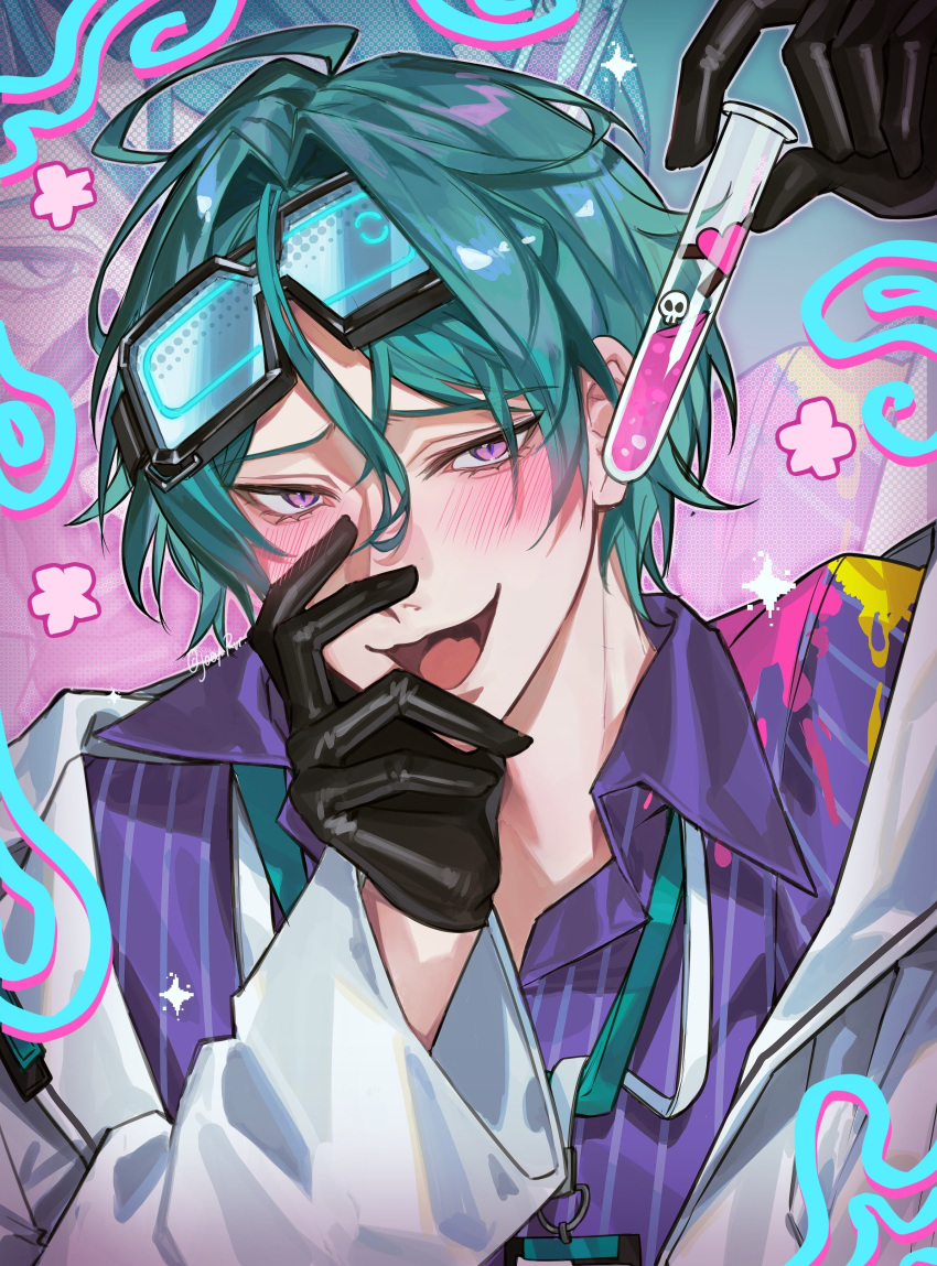 1boy, absurdres, aqua_hair, black_gloves, blue-tinted_eyewear, blush, elias_delborne, eyewear_on_head