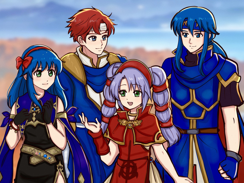 2boys, 2girls, absurdres, armor, black_dress, blue_eyes, breastplate, capelet