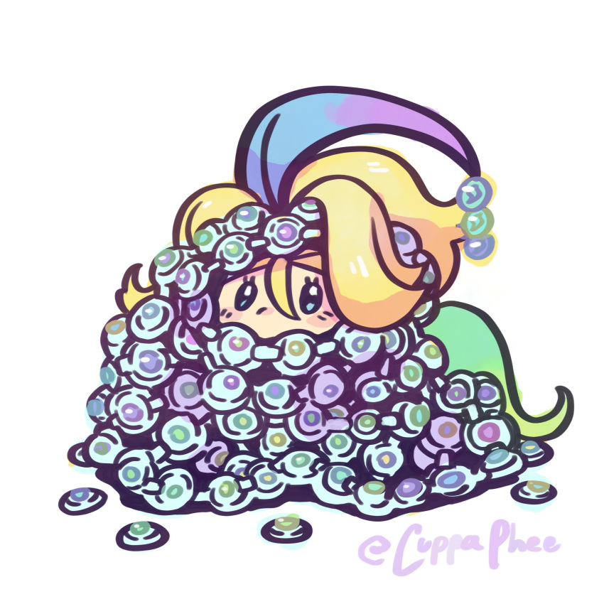 1girl, bandolier, belt, blonde_hair, blue_hair, blush, buried, chibi, chibi_only, closed_mouth, cuppaphee, green_hair, hair_between_eyes, highres, korrina_(pokemon), long_hair, looking_at_viewer, mega_stone, multicolored_hair, pokemon, pokemon_legends:_z-a, purple_hair, simple_background, sitting, solo, white_background
