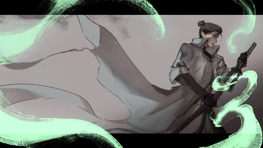 absurdres, black_bodysuit, black_hair, bodysuit, coat, colored_smoke, commentary, cowboy_shot