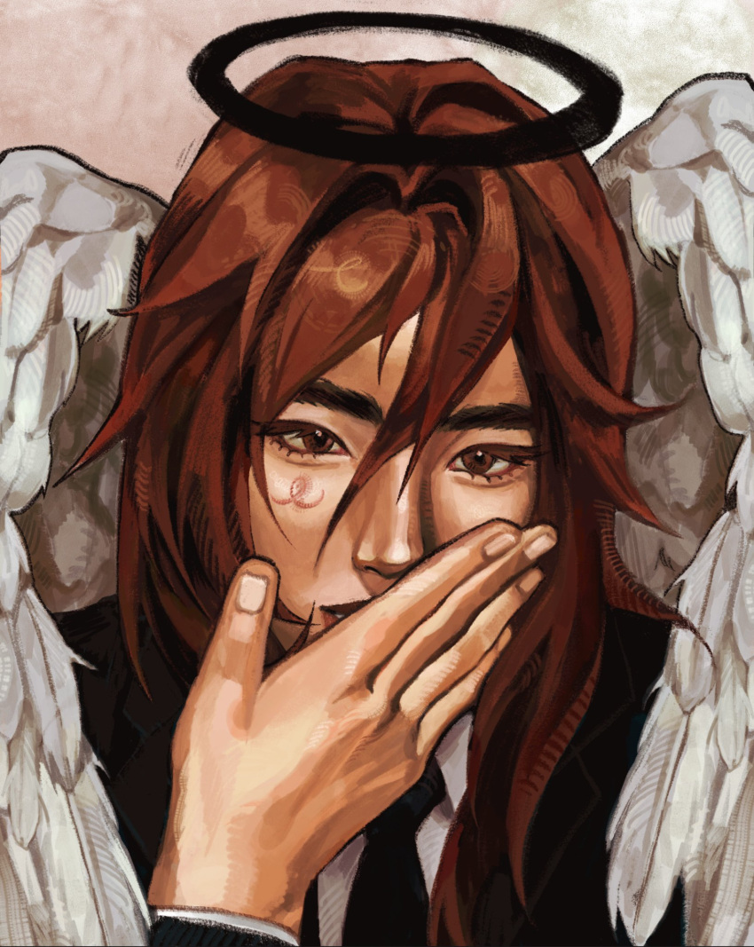 1boy, alternate_halo, angel_devil_(chainsaw_man), angel_wings, black_halo, black_jacket, black_necktie, chainsaw_man