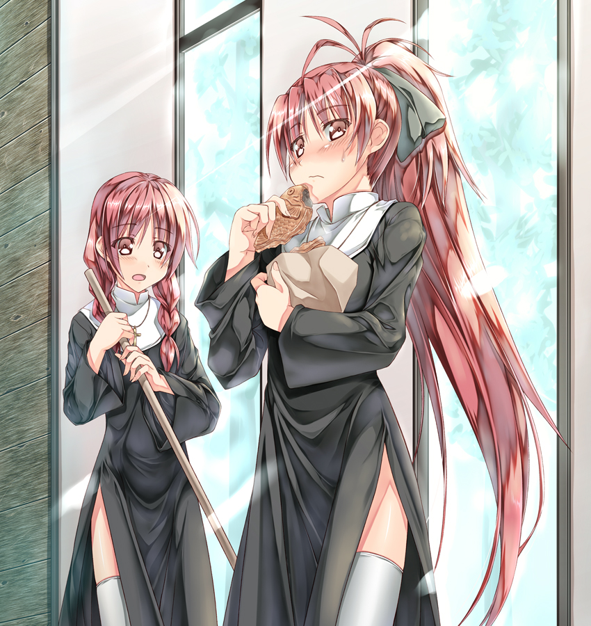 bag, blush, bow, braid, cross, food, hair_bow, kyouko's_sister_(madoka_magica)