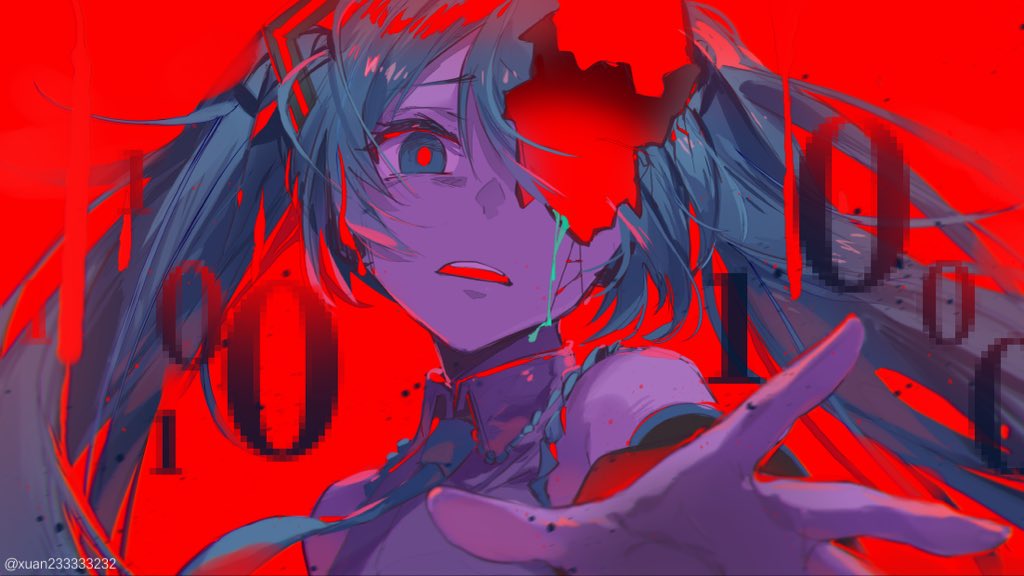 1girl, aqua_eyes, aqua_hair, aqua_necktie, bare_shoulders, binary, blue_eyes, blue_hair
