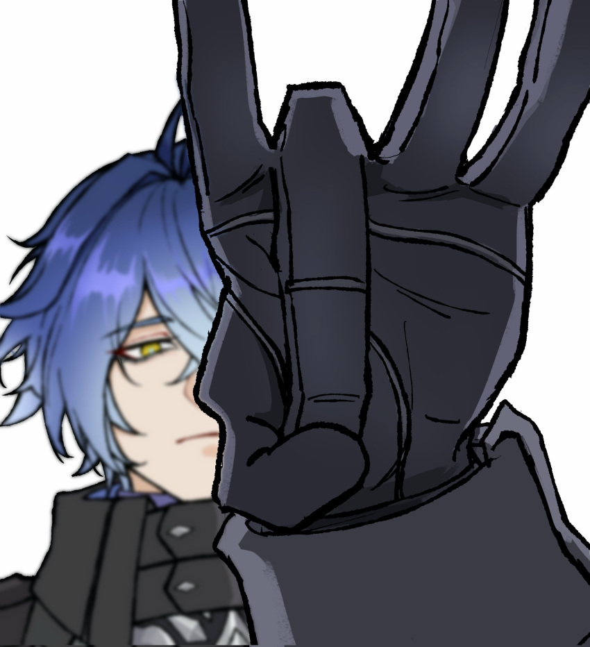 1boy, black_gloves, blue_hair, blurry, collared_coat, corrupted_twitter_file, eyeliner, flins_(genshin_impact)