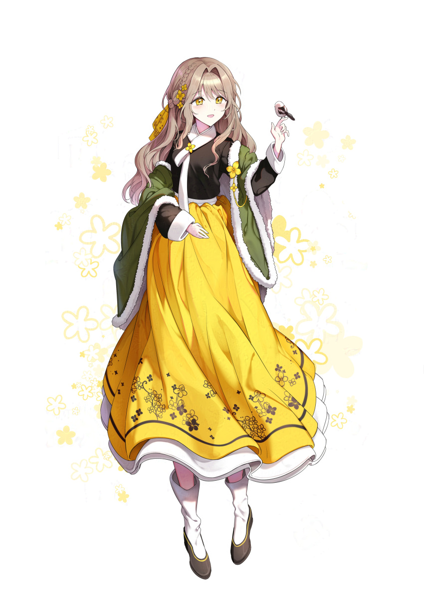 1girl, absurdres, animal, animal_on_hand, bird, bird_on_hand, boots, braid