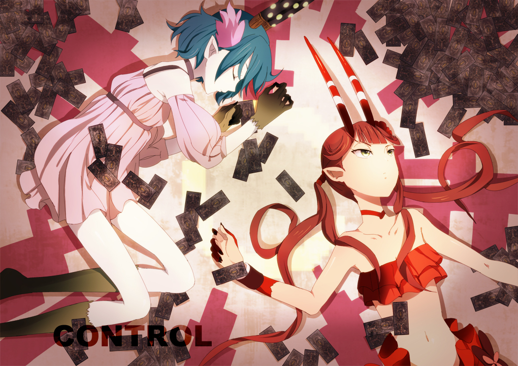 antlers, bare_shoulders, blue_hair, c_(control), c_the_money_of_soul_and_possibility_control, choker, closed_eyes, detached_sleeves