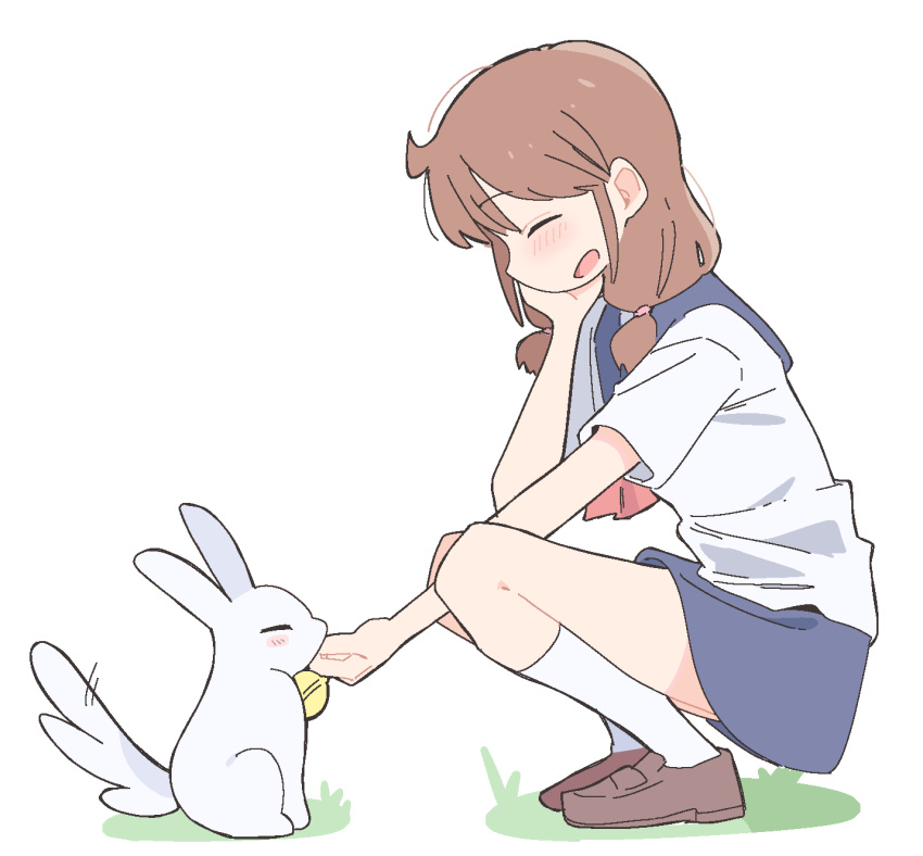 1girl, animal, bell, blue_sailor_collar, blue_skirt, brown_hair, brown_shoes, cat