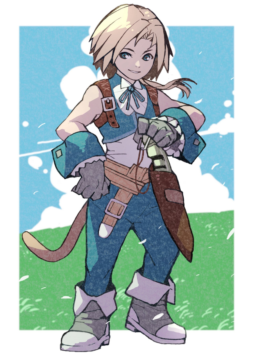 1boy, belt, blonde_hair, blue_eyes, blue_pants, blue_ribbon, blue_vest, blue_wrist_cuffs