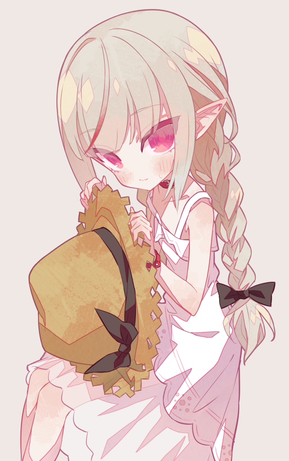 1girl, bare_shoulders, belt_collar, black_bow, black_ribbon, blunt_bangs, blush, bow