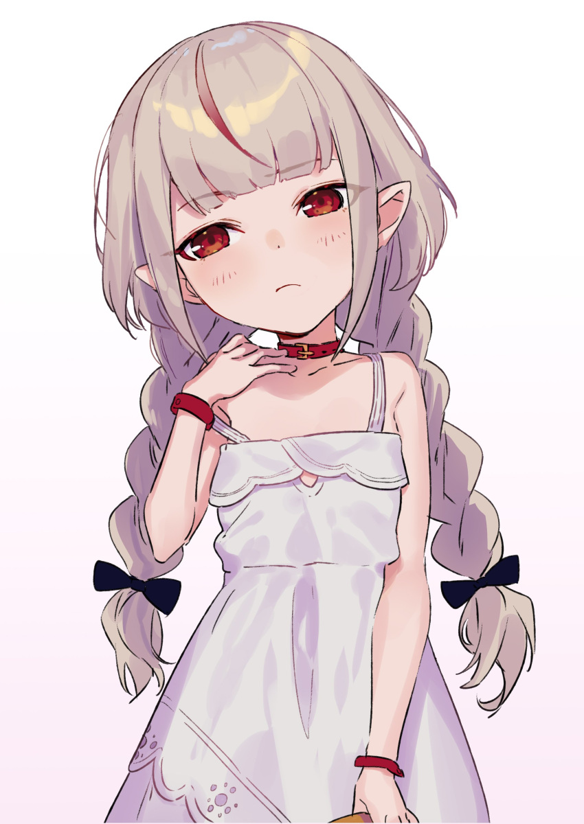 1girl, :<, absurdres, bare_shoulders, belt_collar, black_ribbon, blunt_bangs, blush, bracelet, braid, collar, collarbone, cowboy_shot, dress, grey_hair, hair_ribbon, hand_on_own_shoulder, head_tilt, highres, jewelry, lace_trim, long_hair, low_twin_braids, makaino_ririmu, makaino_ririmu_(3rd_costume), multicolored_hair, nijisanji, pointy_ears, raised_eyebrow, red_collar, red_eyes, red_streaks, ribbon, sidelocks, simple_background, sleeveless, sleeveless_dress, solo, standing, strap_slip, streaked_hair, sundress, twin_braids, two-tone_hair, virtual_youtuber, white_background, white_dress, yumesaki_nana
