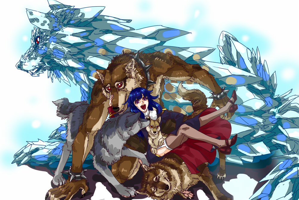 1boy, 1girl, :d, animal_ears, atroce, blue_dress, blue_hair, brown_shoes