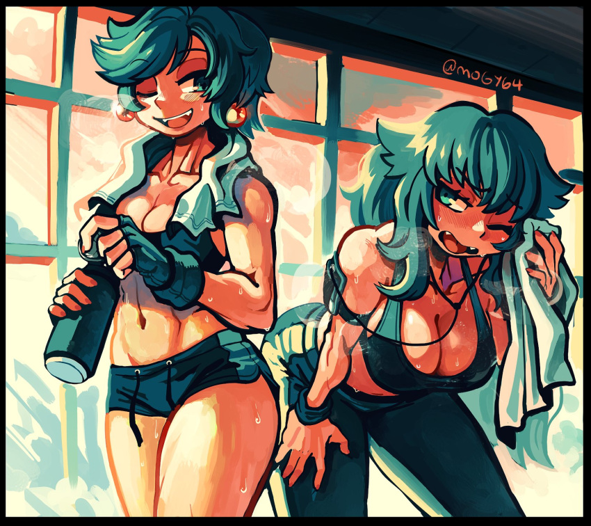 2girls, black_border, border, breasts, commentary, commission, cowboy_shot, dolphin_shorts