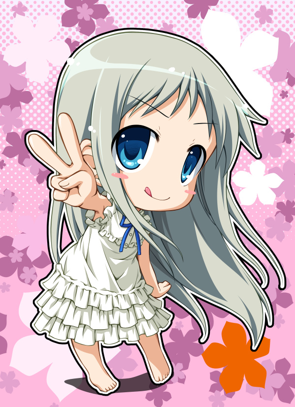 :p, :q, barefoot, blue_eyes, blush, blush_stickers, chibi, dress, feet, honma_meiko, long_hair, natsuhime_yuran, silver_hair, sleeveless, solo, tongue, v, very_long_hair