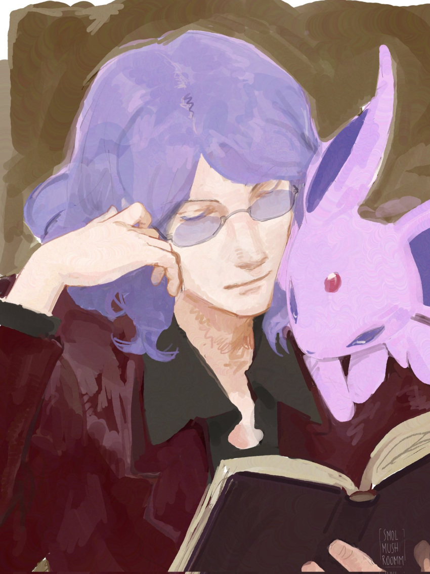 1boy, black_shirt, book, closed_eyes, collared_shirt, espeon, hand_on_own_cheek, hand_on_own_face