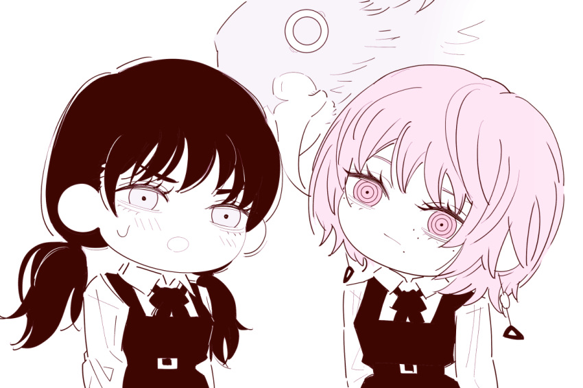 2girls, chainsaw_man, chibi, chibi_only, closed_mouth, deer60868637, dress, earrings
