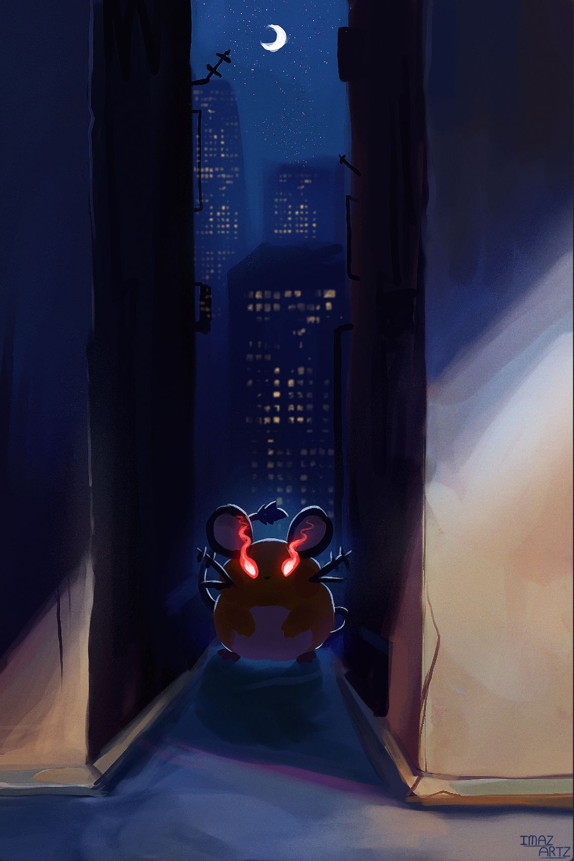 alpha_pokemon, animal_focus, building, crescent_moon, dark_alleyway, dedenne, eye_trail, full_body
