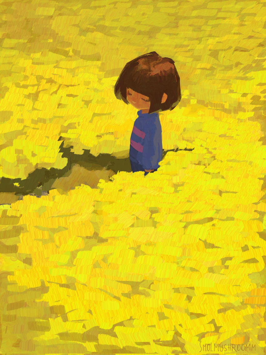 1other, androgynous, artist_name, blue_sweater, blunt_bangs, bob_cut, brown_hair, closed_eyes