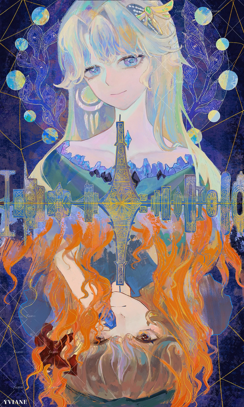 2girls, absurdres, beryl_bouanich, black_hat, blonde_hair, blue_background, blue_eyes, brown_eyes