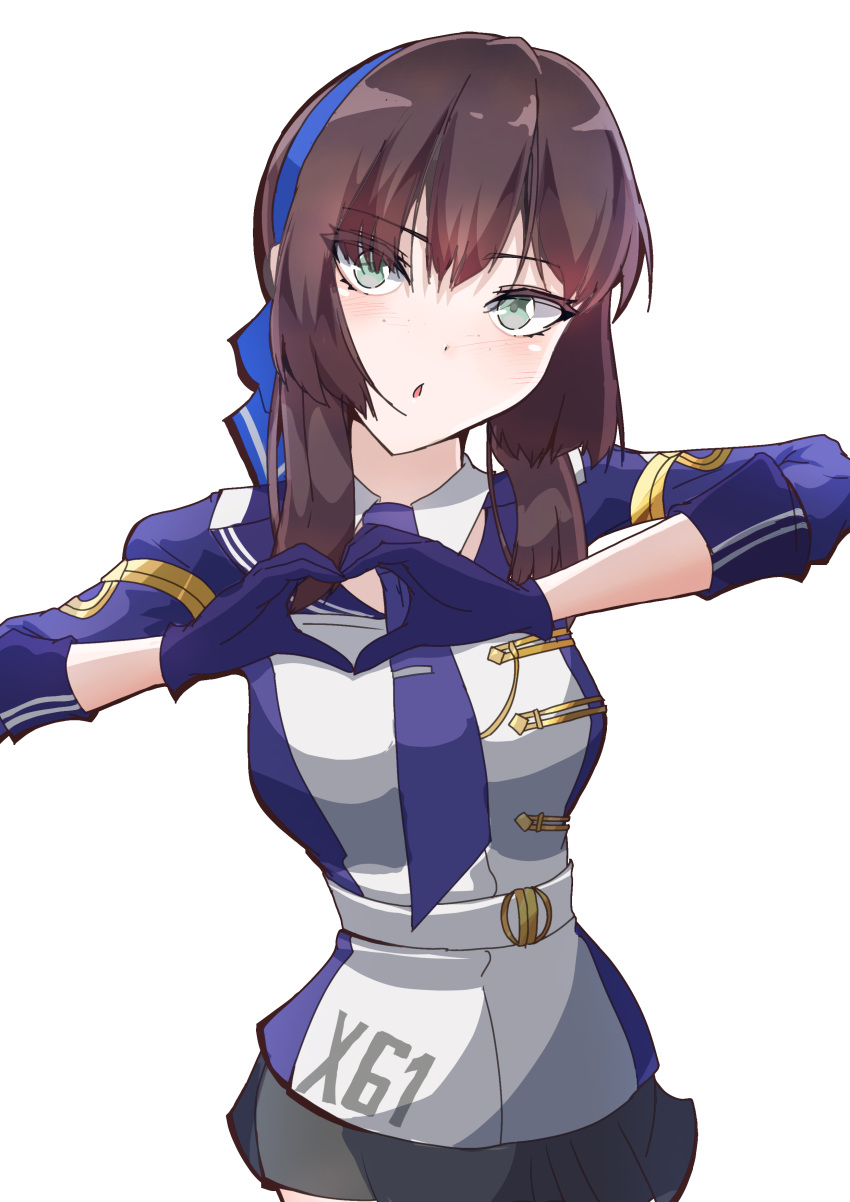 1girl, absurdres, akatsuki_hikaru, black_skirt, blue_hairband, blue_ribbon, breasts, brown_hair