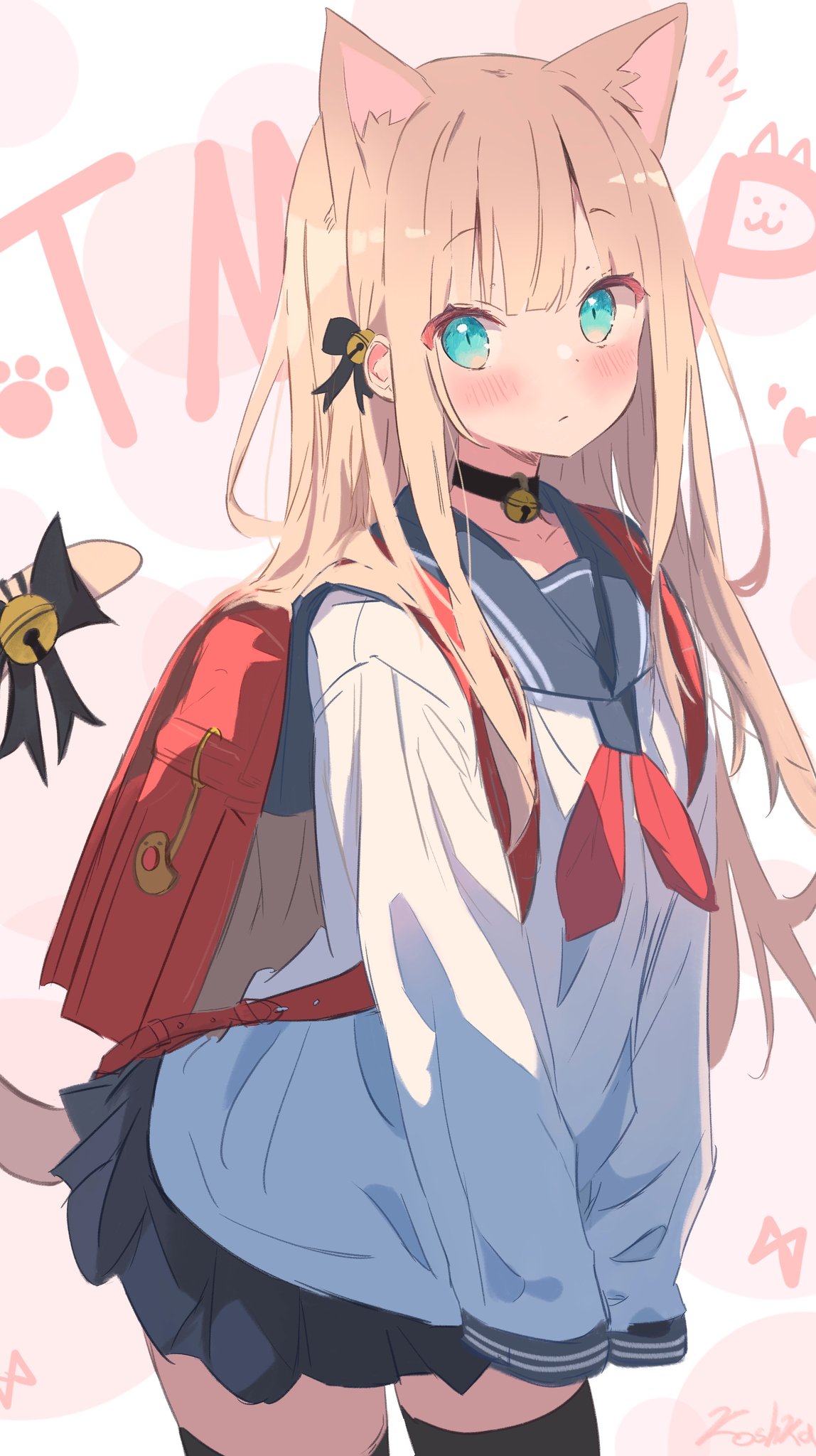 1girl, animal_ear_fluff, animal_ears, backpack, bag, bell, black_bow, black_choker, black_thighhighs, blonde_hair, blue_eyes, blue_sailor_collar, blue_skirt, blush, bow, cat_ears, cat_girl, cat_tail, character_name, choker, commentary_request, girls_frontline, hair_bow, highres, koshka_pic, long_hair, long_sleeves, neck_bell, neckerchief, paw_print, pleated_skirt, randoseru, red_neckerchief, sailor_collar, school_uniform, serafuku, signature, simple_background, skirt, sleeves_past_fingers, sleeves_past_wrists, solo, tail, tail_bow, tail_ornament, thigh-highs, tmp_(girls'_frontline), tmp_(meow_prism_power)_(girls'_frontline)