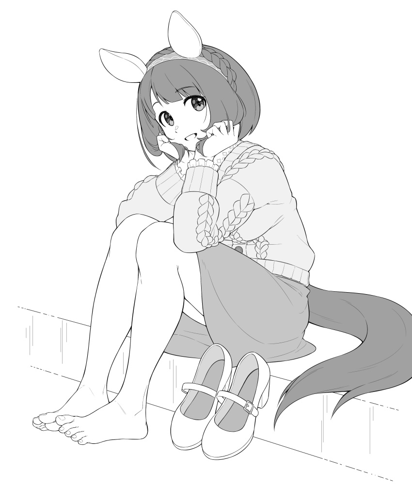1girl, absurdres, animal_ears, barefoot, blush, braid, breasts, casual, full_body, hairband, hands_on_own_chest, highres, horse_ears, horse_tail, kahi_(user_rjy6826), looking_at_viewer, medium_breasts, medium_hair, monochrome, no_shoes, open_mouth, simple_background, sitting, solo, tail, umamusume, white_background, yukino_bijin_(umamusume)