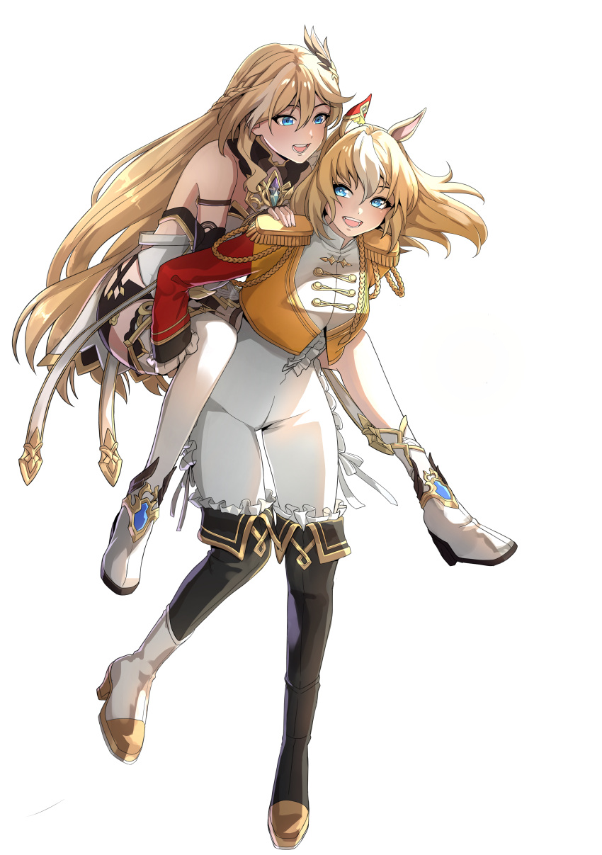 2girls, :d, absurdres, animal_ears, benteja, blue_eyes, boots, carrying