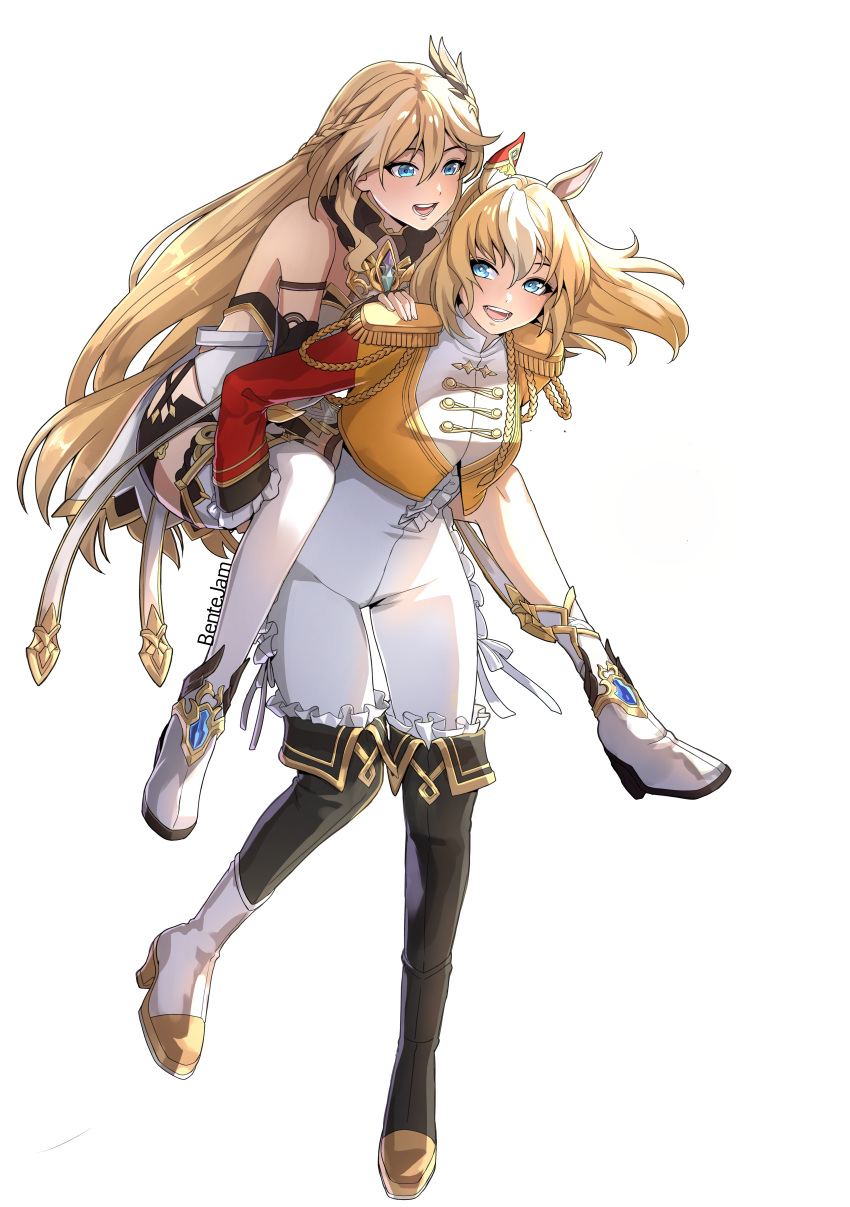 2girls, :d, absurdres, animal_ears, artist_name, benteja, blue_eyes, boots