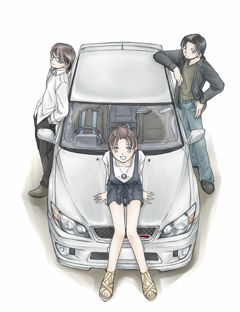 1886ookina, black_hair, car, glasses, hair_bun, initial_d, jeans, jewelry, necklace, shorts, skirt, toyota_altezza