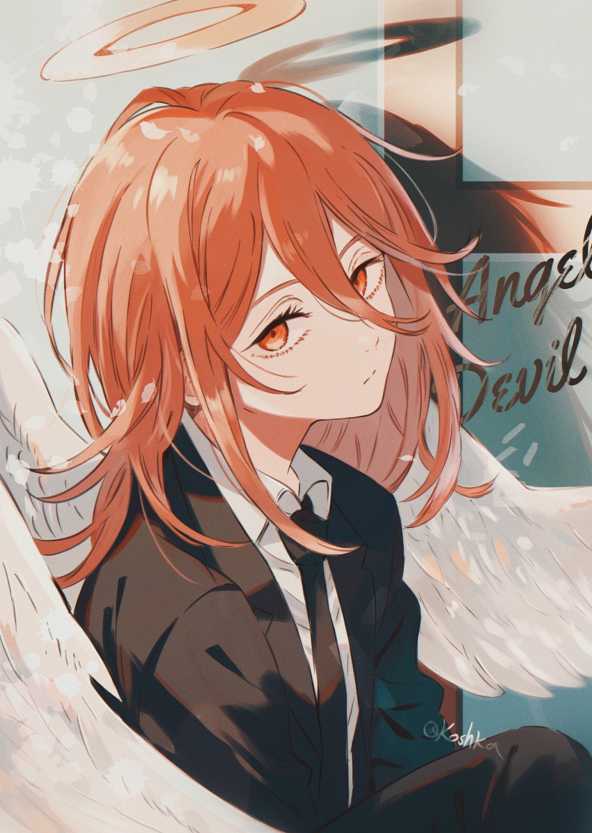 1boy, absurdres, angel_devil_(chainsaw_man), angel_wings, black_jacket, black_necktie, black_pants, chainsaw_man, character_name, closed_mouth, collared_shirt, commentary, cross, eyelashes, feathered_wings, hair_between_eyes, halo, highres, jacket, koshka_pic, long_hair, long_sleeves, looking_at_viewer, male_focus, necktie, open_clothes, pants, red_eyes, red_hair, shadow, shirt, solo, white_shirt, white_wings, wings