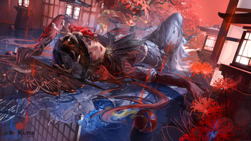 1girl, absurdly_detailed_composition, absurdres, architecture, arm_up, black_eyes, black_hat, black_sclera, brooch, chinese_commentary, colored_extremities, colored_sclera, commentary_request, dress, dual_persona, east_asian_architecture, feather-trimmed_dress, feathers, fingernails, flower, folding_fan, hair_spread_out, hand_fan, hat, highres, holding, holding_fan, identity_v, jewelry, lantern, lipstick, long_fingernails, long_hair, looking_at_viewer, lying, makeup, maple_tree, michiko_(identity_v), michiko_(noctis)_(identity_v), mirror, on_back, outdoors, red_hair, red_lips, shouji, sliding_doors, solo, spider_lily, three-quarter_sleeves, tree, veil, youzha_kanjianzi