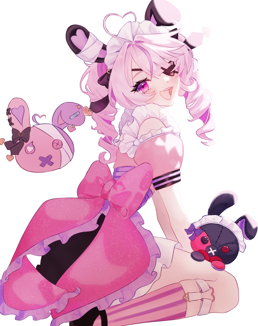1girl, :d, absurdres, ahoge, animal_ears, arms_between_legs, back_bow, blush, bow, eyepatch, from_side, heart, heart_ahoge, highres, loe_190x163, looking_at_viewer, maid, maid_headdress, maria_marionette, maria_marionette_(maid), marippet_(maria_marionette), nijisanji, nijisanji_en, pink_eyes, pink_hair, rabbit_ears, simple_background, sir_ventrilo_(maria_marionette), sitting, smile, virtual_youtuber, wariza, white_background