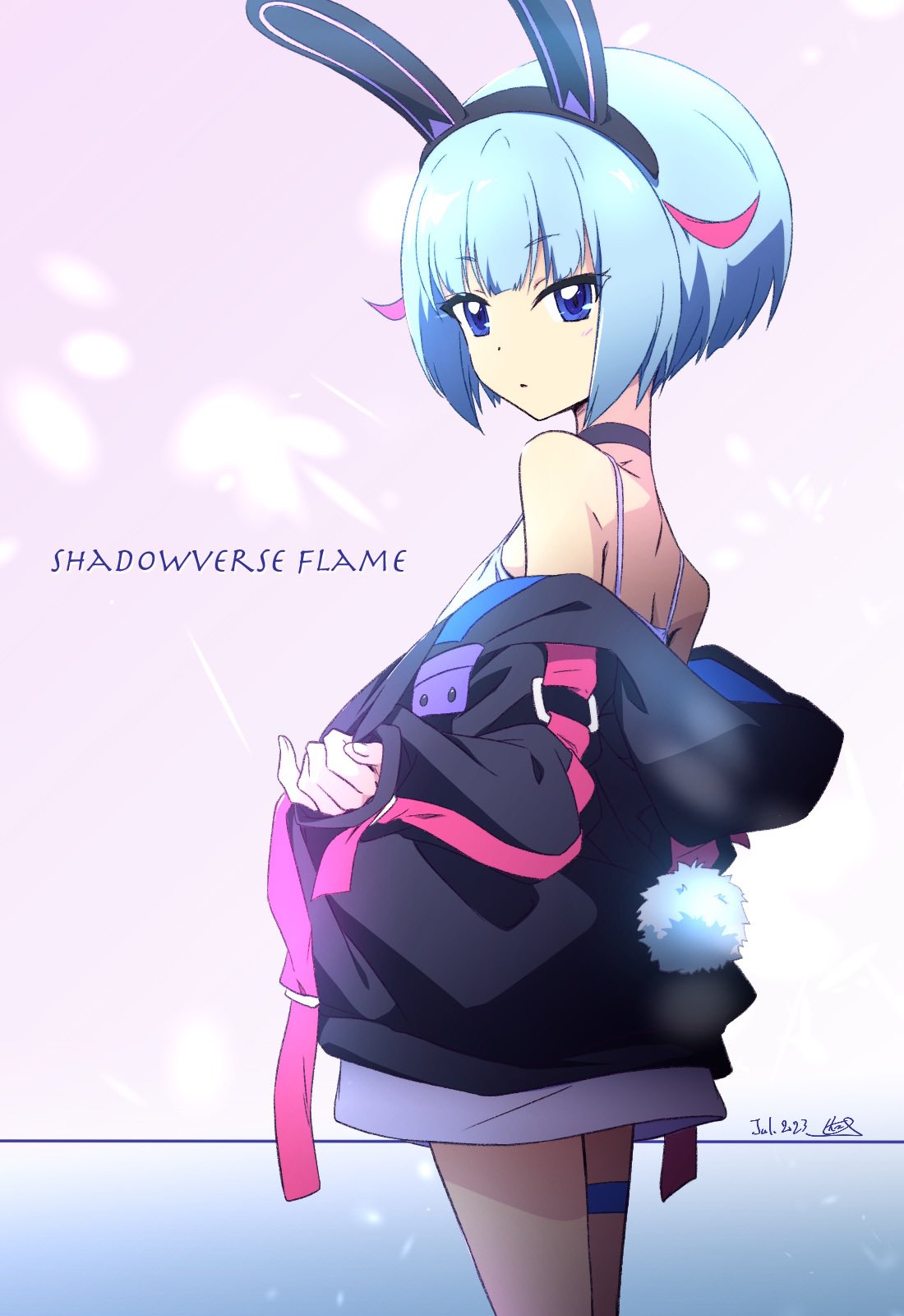 1girl, 2023, animal_ears, aqua_eyes, bare_shoulders, black_choker, black_jacket, blue_eyes
