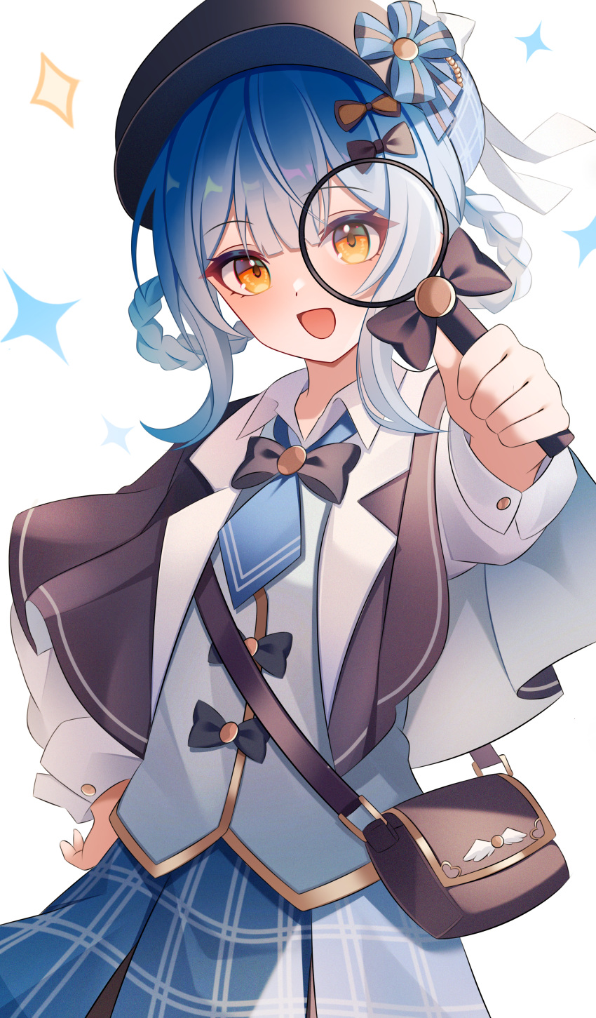 1girl, absurdres, bag, black_bow, blue_hair, blue_necktie, blue_skirt, bow