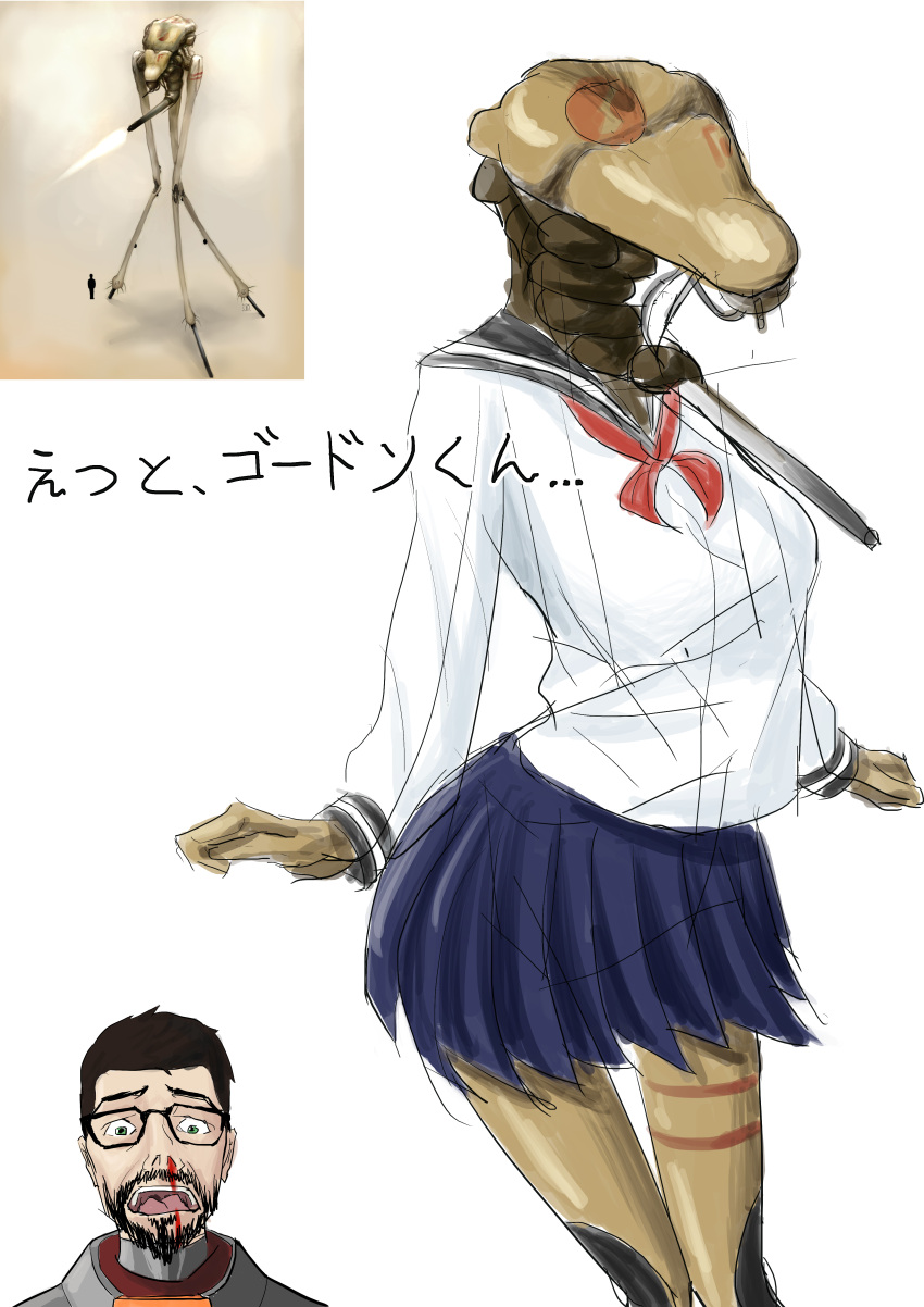 1boy, 1girl, absurdres, beard, biomechanical, black_serafuku, blood, blue_skirt