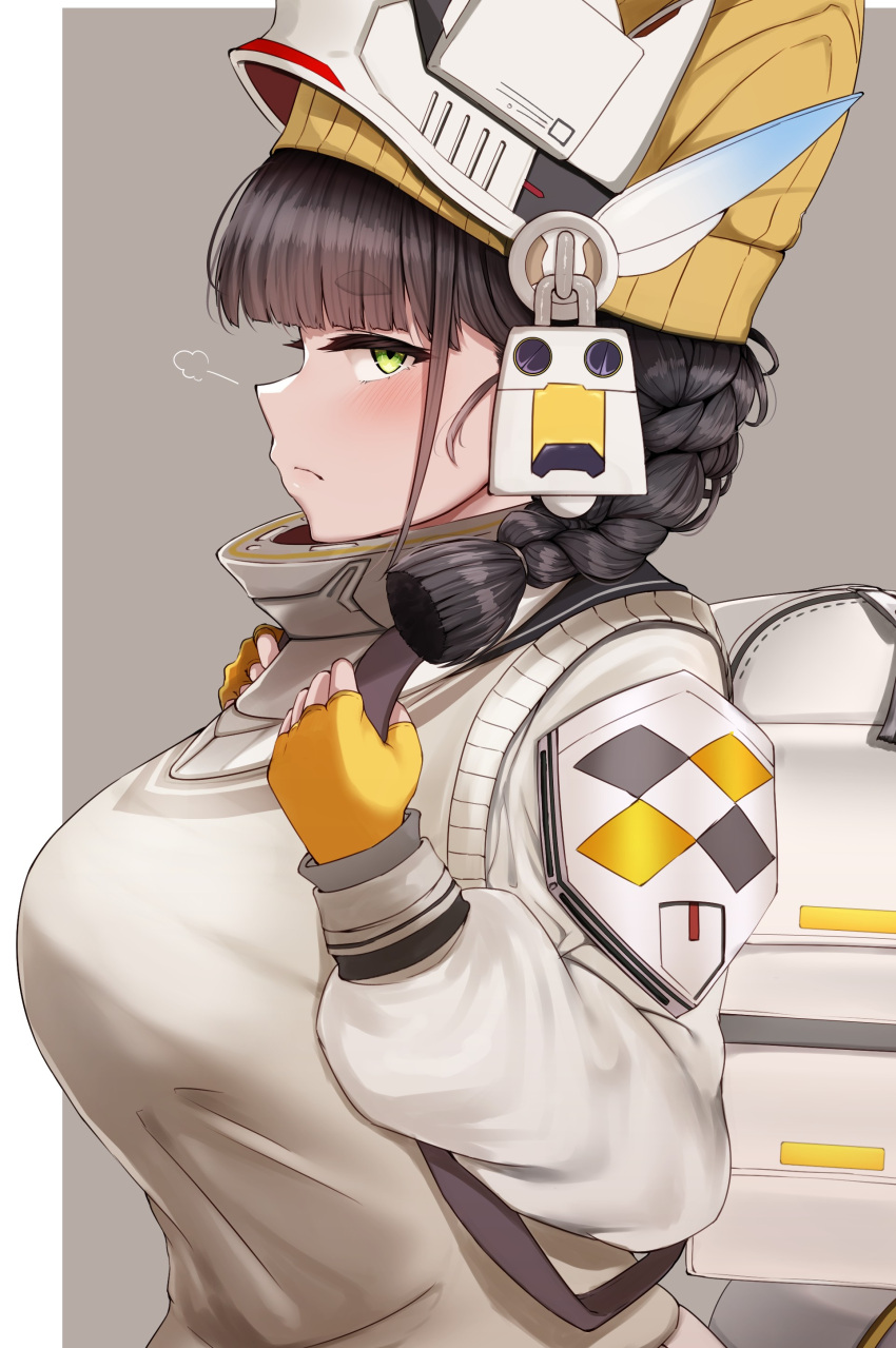 1girl, absurdres, animal_hat, backpack, bag, black_hair, blush, braid