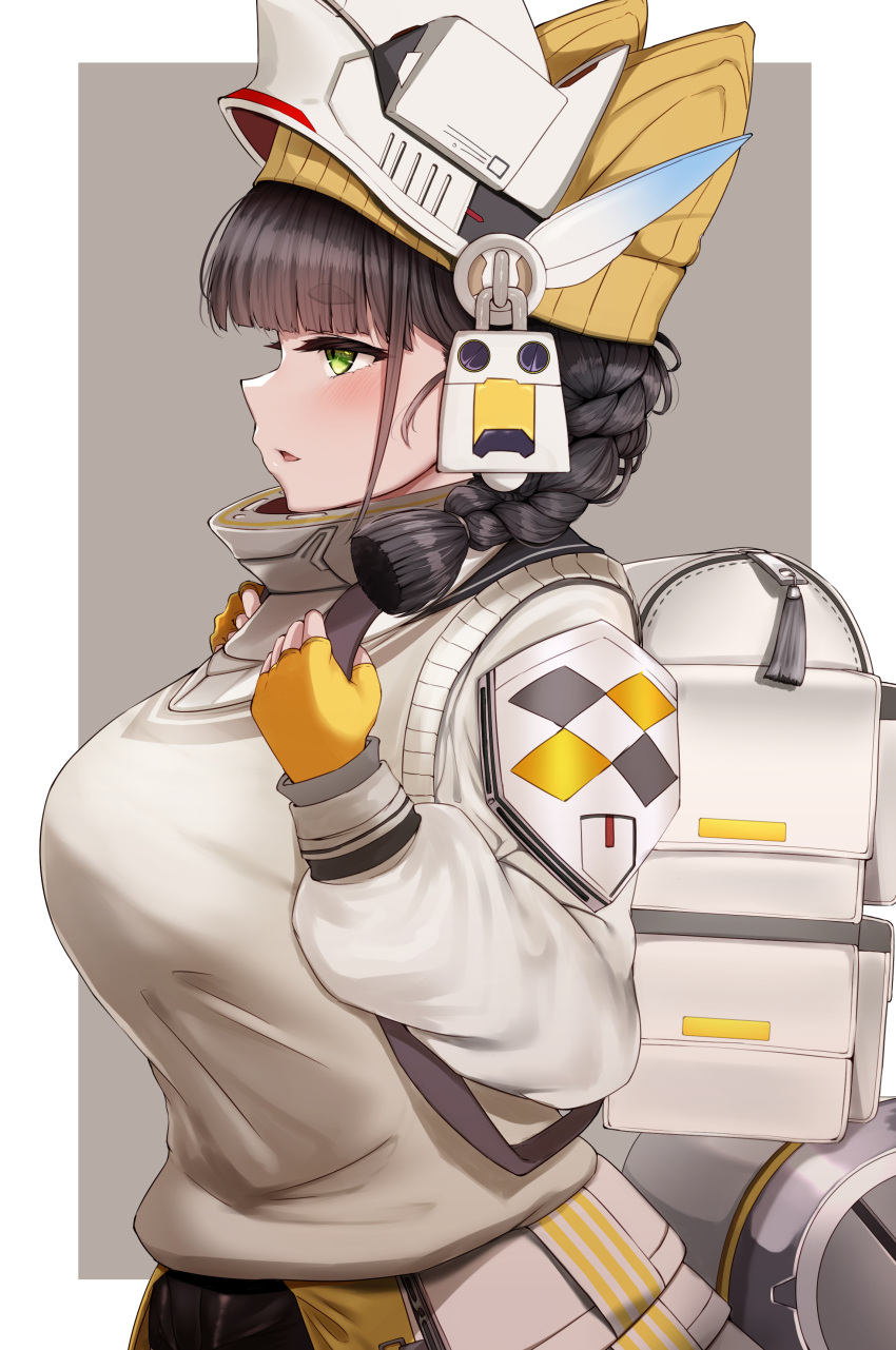 1girl, absurdres, animal_hat, backpack, bag, black_hair, blush, braid, breasts, brown_hair, cat_hat, chime_(nikke), fingerless_gloves, gloves, goddess_of_victory:_nikke, green_eyes, hat, helmet, highres, jacket, large_breasts, long_hair, parted_lips, solo, sweater_vest, thick_eyebrows, twin_braids, white_jacket, yellow_gloves, yellow_hat, yuu_cream