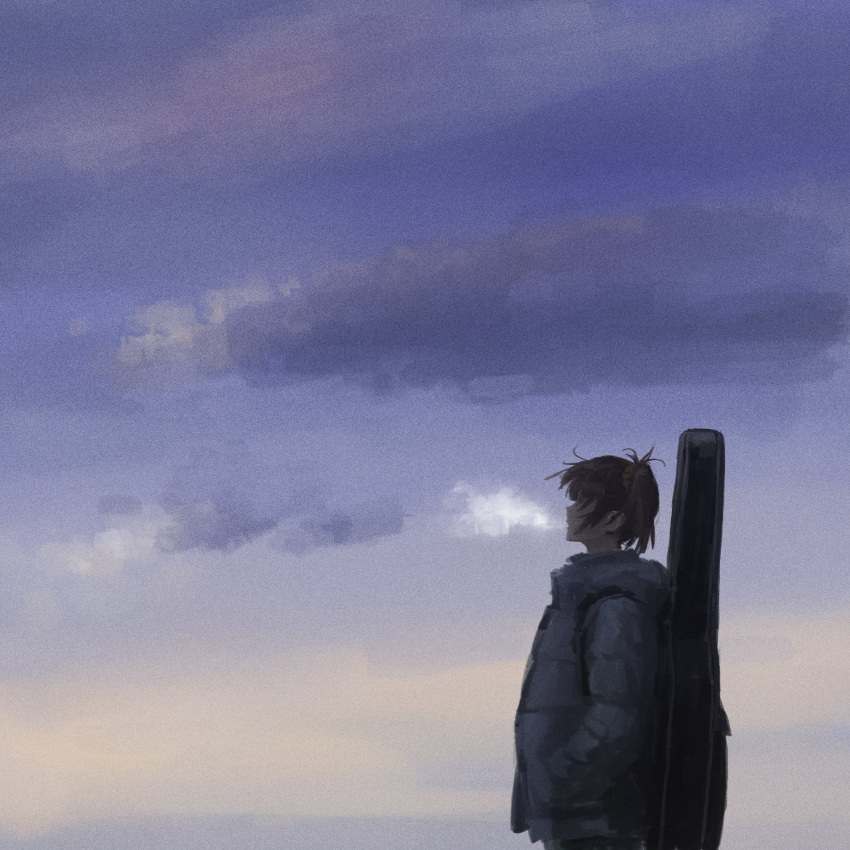 1girl, absurdres, breath, brown_hair, clouds, film_grain, grey_jacket, guitar_case
