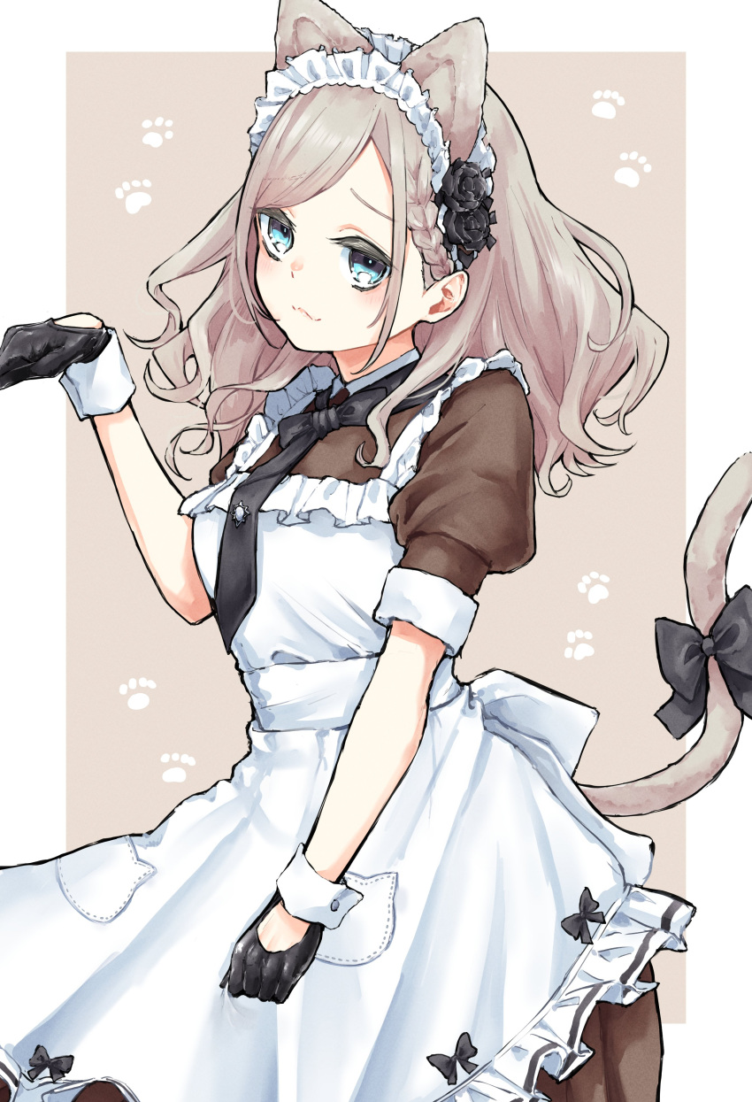 1girl, :3, absurdres, animal_ears, apron, black_gloves, black_necktie, blue_eyes, border, breasts, brown_background, brown_dress, cat_ears, cat_girl, cat_tail, ceras_yanagida_lilienfeld, closed_mouth, clothing_cutout, commentary, cowboy_shot, dress, frilled_apron, frills, glove_cutout, gloves, grey_hair, highres, kemonomimi_mode, link!_like!_love_live!, long_hair, looking_at_viewer, love_live!, maid, maid_apron, maid_headdress, medium_breasts, mendo_(mend0o0), necktie, nyan_nyan_nyan_fair_in_gamers, official_alternate_costume, outside_border, paw_print, paw_print_background, pocket, puffy_short_sleeves, puffy_sleeves, short_sleeves, solo, tail, virtual_youtuber, white_apron, white_border, white_wrist_cuffs, wrist_cuffs